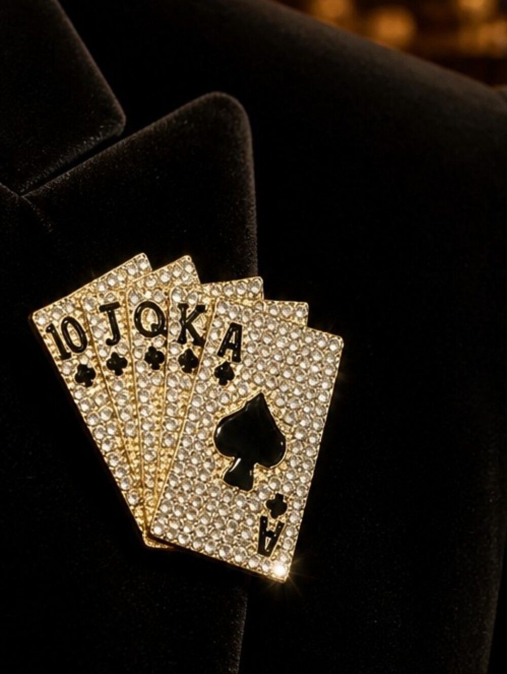 Royal Flush Rhinestone Poker Card Brooch Pin Gold Spade Gambling Lucky Charm